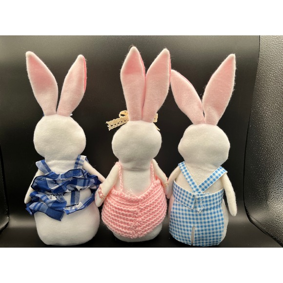 Easter Bunny Plush Trio Set White Rabbit Figurines Blue Pink Plaid Gingham Decor - Picture 2 of 5